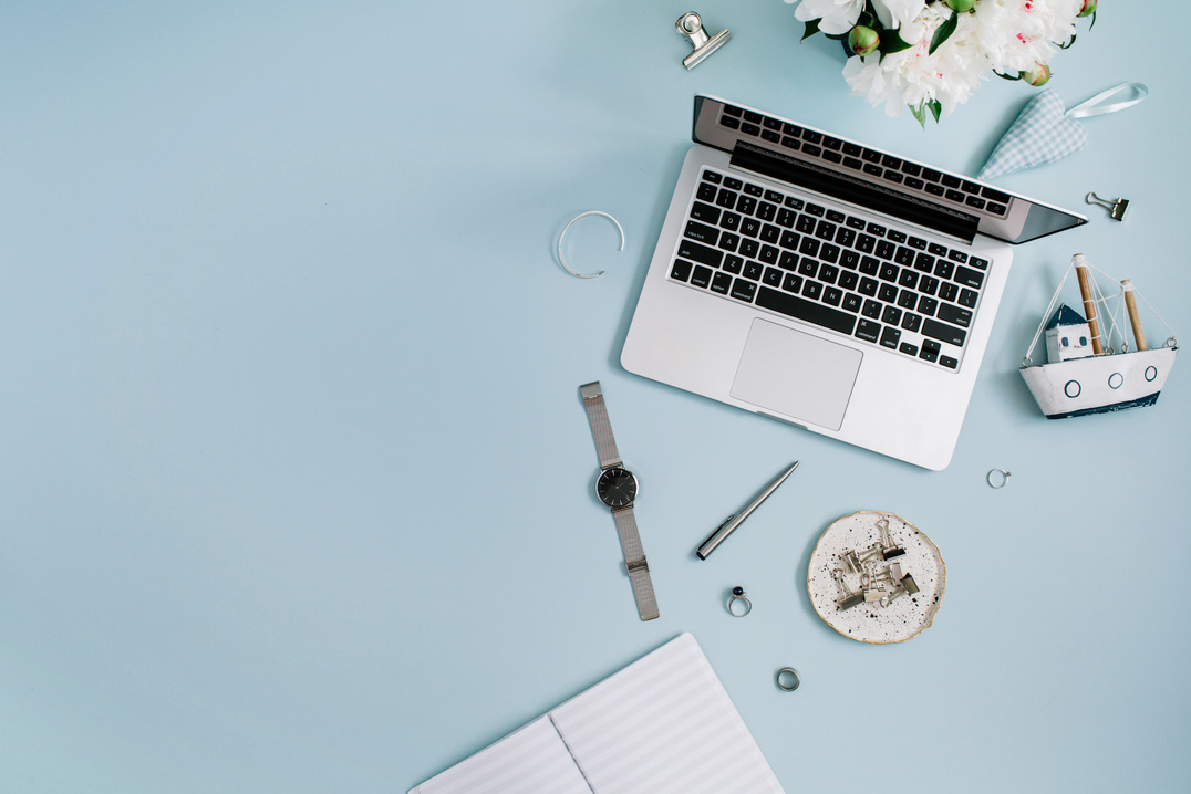 Women Workspace With Laptop, White Peony Flowers